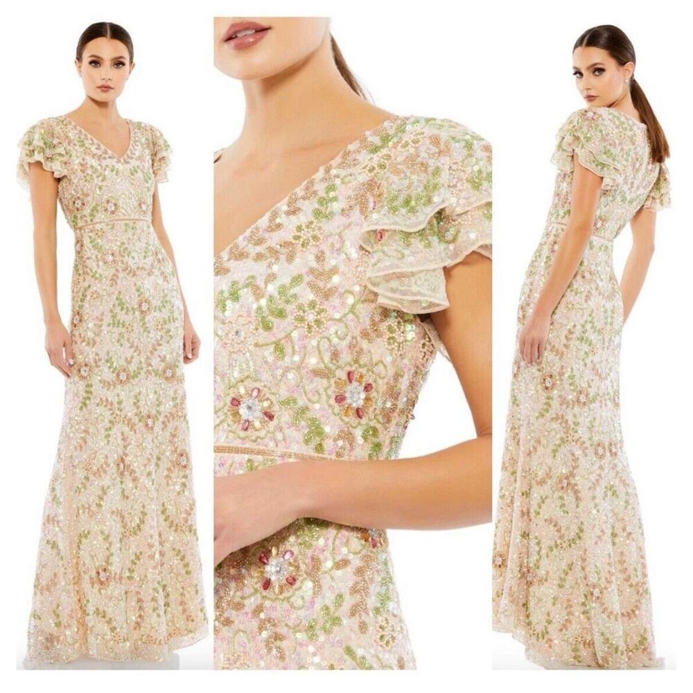 Mac Duggal 10772 Floral Sequin Ruffled Cap Sleeve V-Neck Evening Gown Size 6 NWT